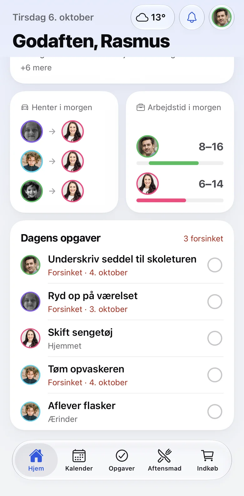 Hjem-skærmen med hvem der henter i morgen, arbejdstider og dagens opgaver