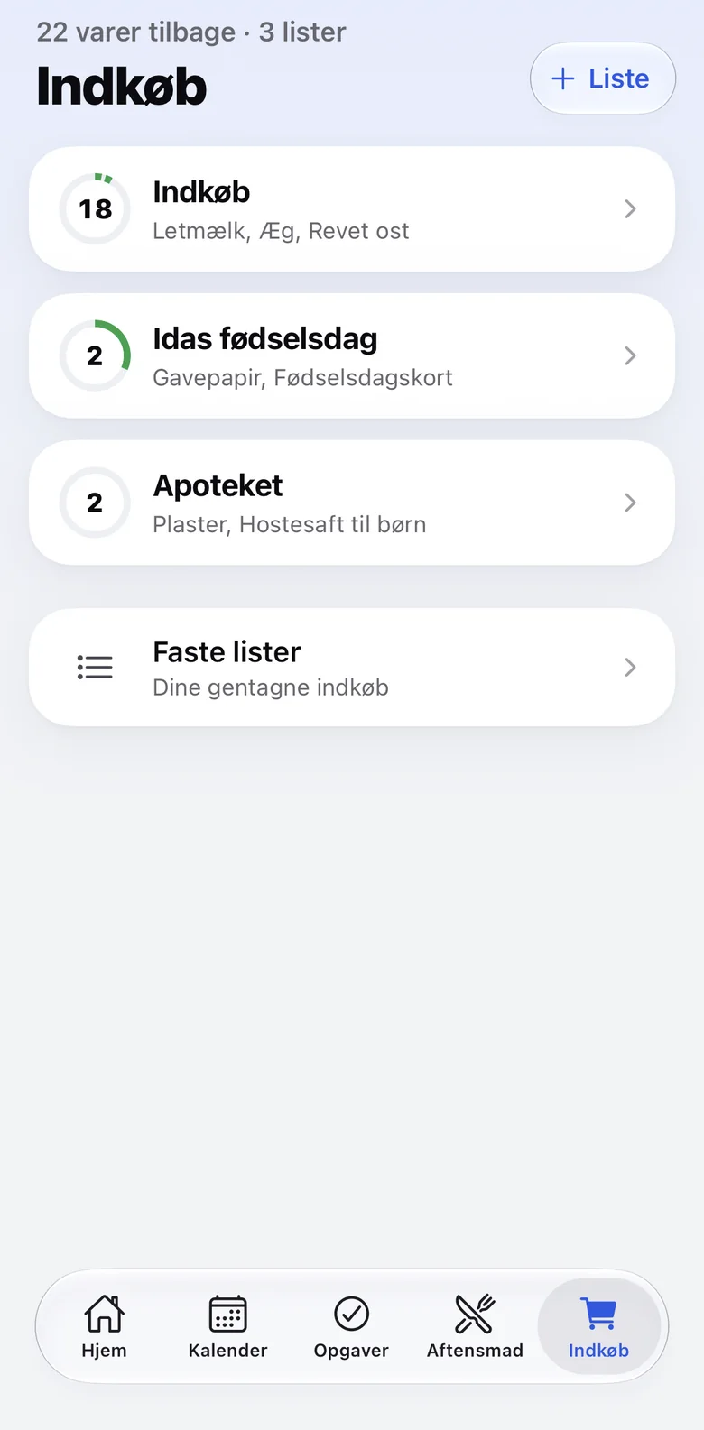 Indkøbslisterne: Indkøb, Idas fødselsdag, Apoteket og faste lister