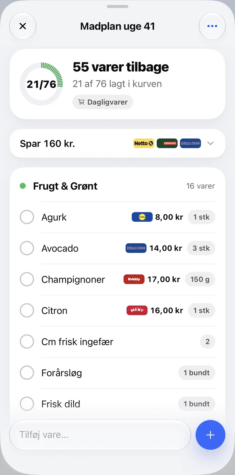 Indkøbslisten til madplanen: 55 varer tilbage, spar 160 kr., og priser fra Lidl, REMA 1000, Kvickly og Meny ved varerne