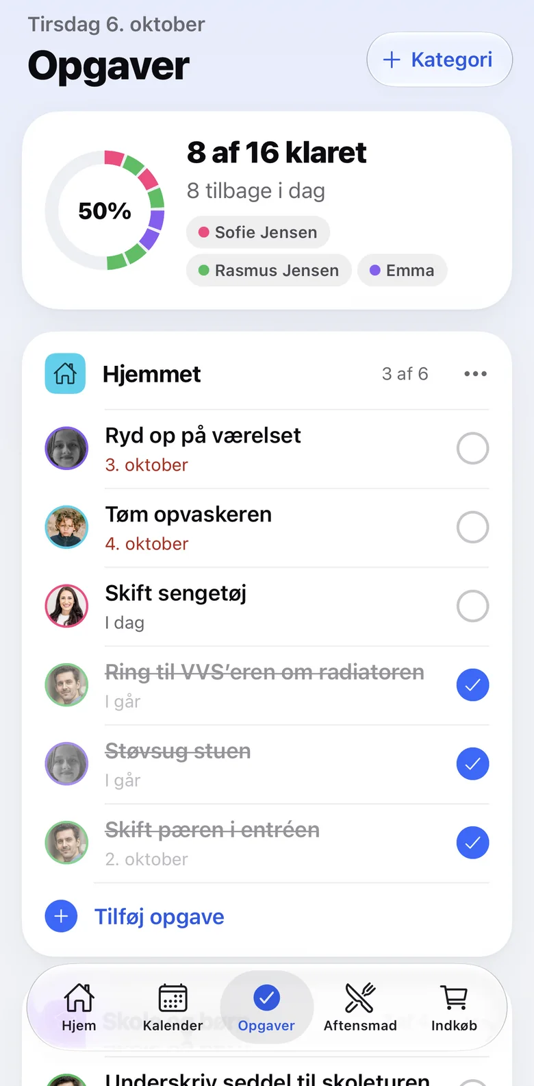 Opgaver: 8 af 16 klaret, kategorien Hjemmet med opgaver til hver i familien